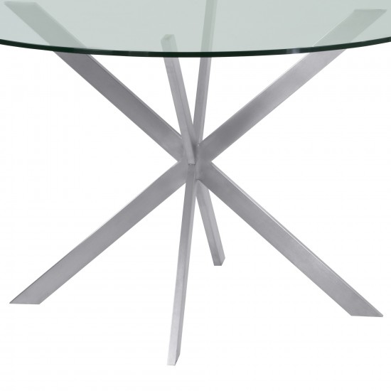 Round Dining Table in Brushed Stainless Steel with Clear Tempered Glass Top