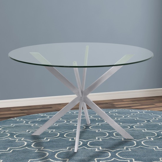 Round Dining Table in Brushed Stainless Steel with Clear Tempered Glass Top