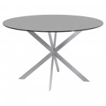 Round Dining Table in Brushed Stainless Steel with Gray Tempered Glass Top