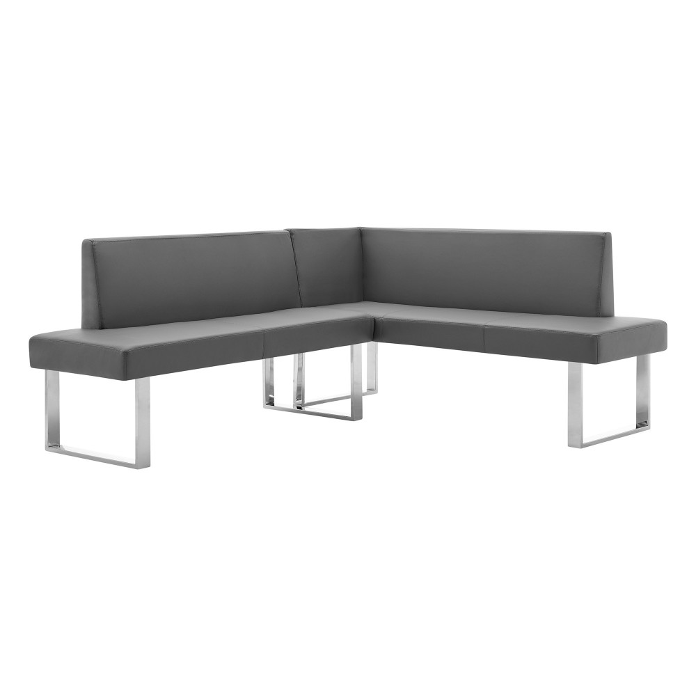 Amanda Nook Corner Dining Bench in Gray Faux Leather and Chrome Finish