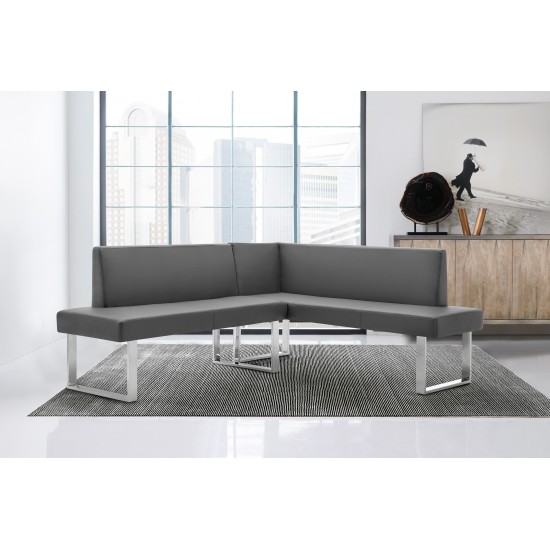 Amanda Nook Corner Dining Bench in Gray Faux Leather and Chrome Finish