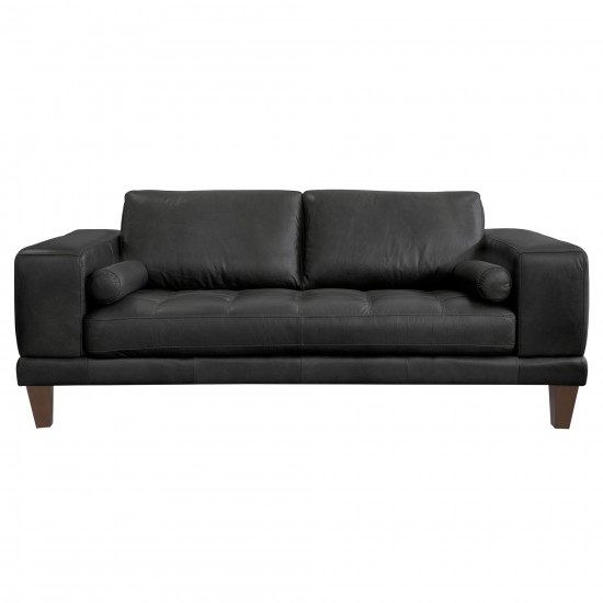 Wynne Contemporary Loveseat in Genuine Black Leather with Brown Wood Legs