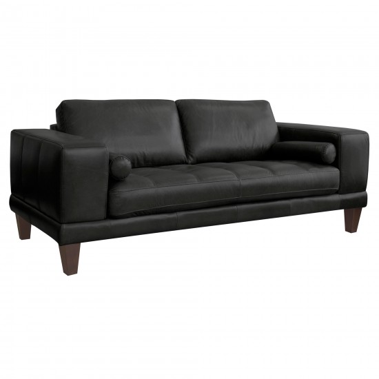 Wynne Contemporary Loveseat in Genuine Black Leather with Brown Wood Legs