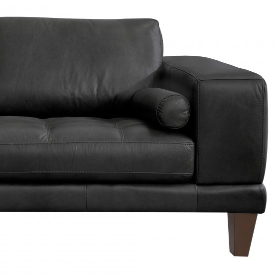 Wynne Contemporary Loveseat in Genuine Black Leather with Brown Wood Legs