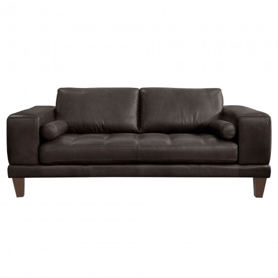 Wynne Contemporary Loveseat in Genuine Espresso Leather with Brown Wood Legs