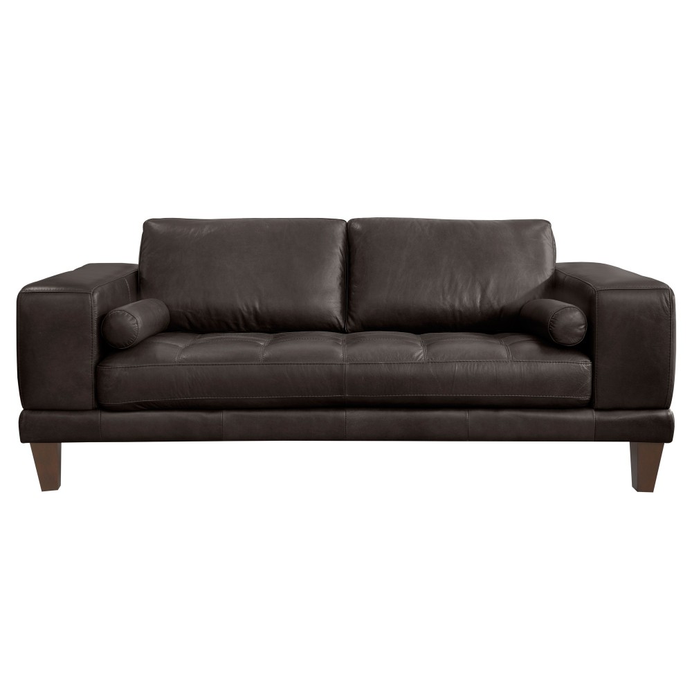 Wynne Contemporary Loveseat in Genuine Espresso Leather with Brown Wood Legs