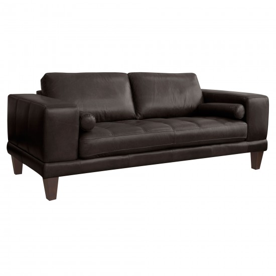 Wynne Contemporary Loveseat in Genuine Espresso Leather with Brown Wood Legs