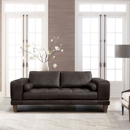 Wynne Contemporary Loveseat in Genuine Espresso Leather with Brown Wood Legs