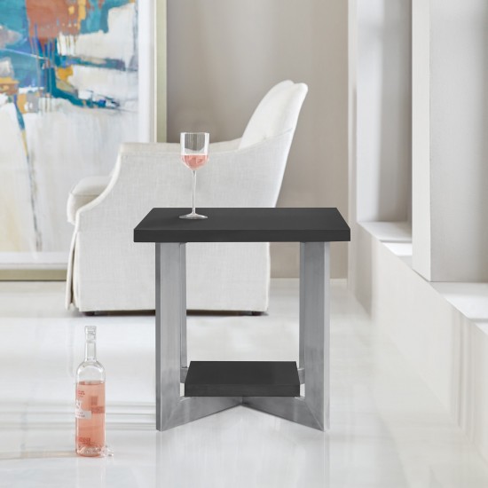 Vermont Contemporary End Table in Brushed Stainless Steel Finish and Gray Top