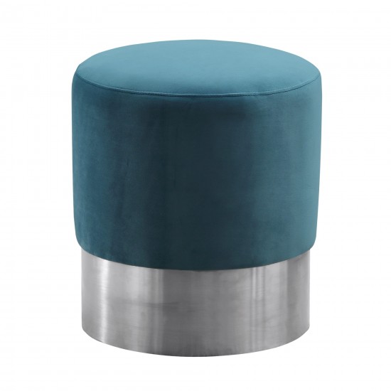 Tabitha Contemporary Round Ottoman in Brushed Stainless Steel with Green Velvet