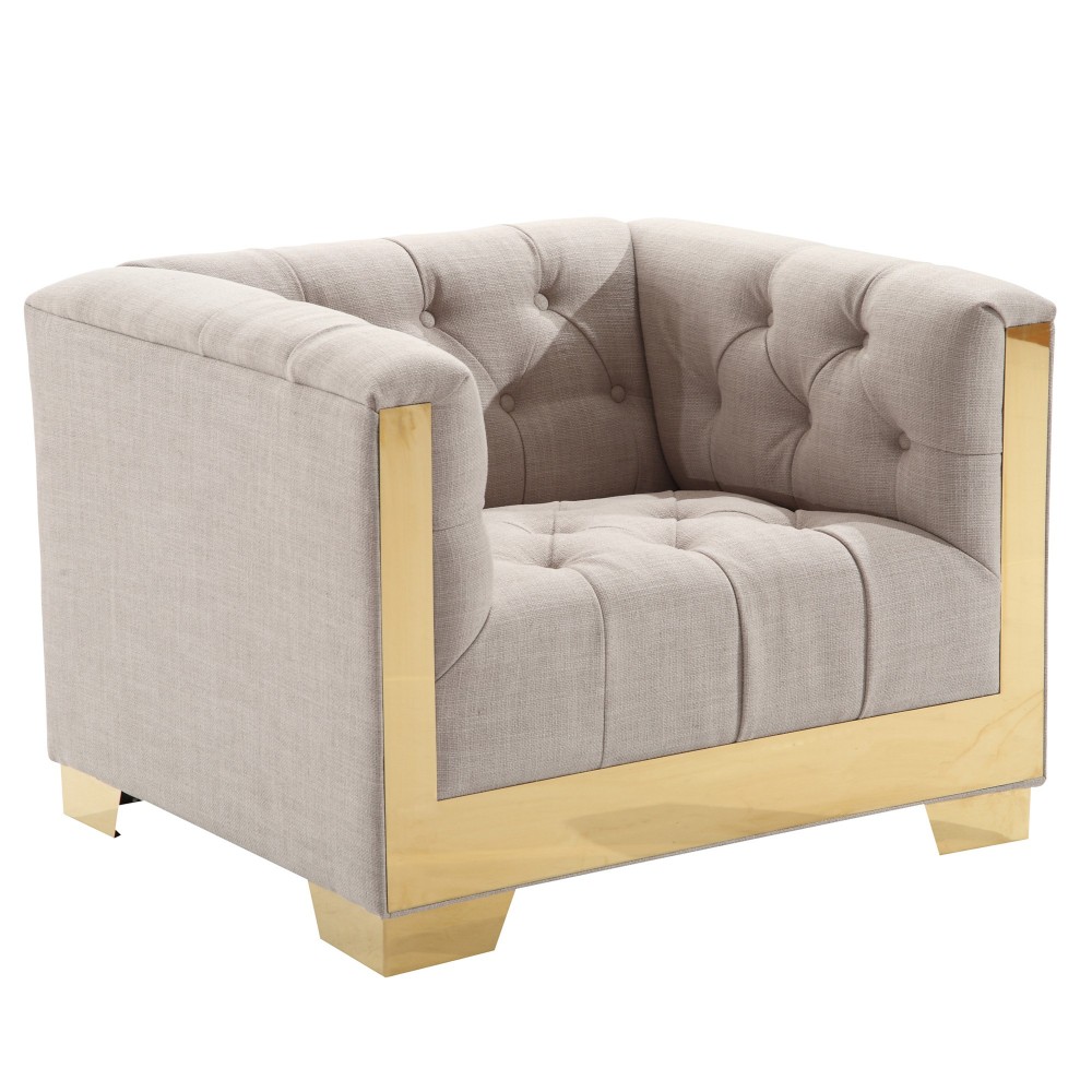 Zinc Contemporary Chair In Taupe Tweed and Shiny Gold Finish Zinc Contemporary Chair In Taupe Tweed and Shiny Gold Finish