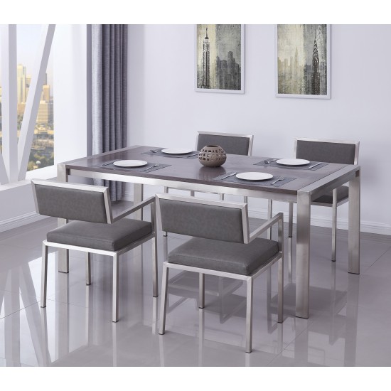 Tessa Contemporary Dining Table in Brushed Stainless Steel and Gray Walnut Top