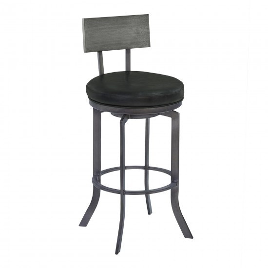 Ojai 30" Bar Height Swivel Barstool in Black Faux Leather and Gray Walnut Wood