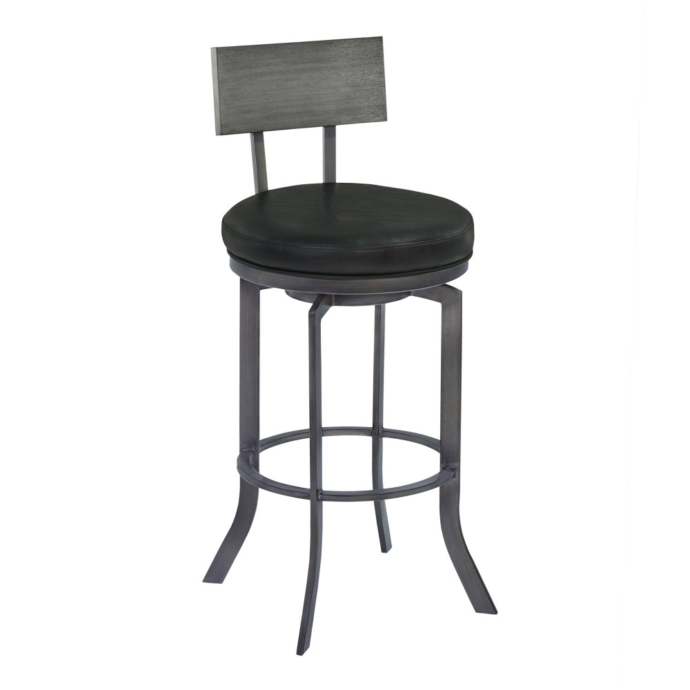 Ojai 30" Bar Height Swivel Barstool in Black Faux Leather and Gray Walnut Wood Ojai 30" Bar Height Swivel Barstool in Black Faux Leather and Gray Walnut Wood