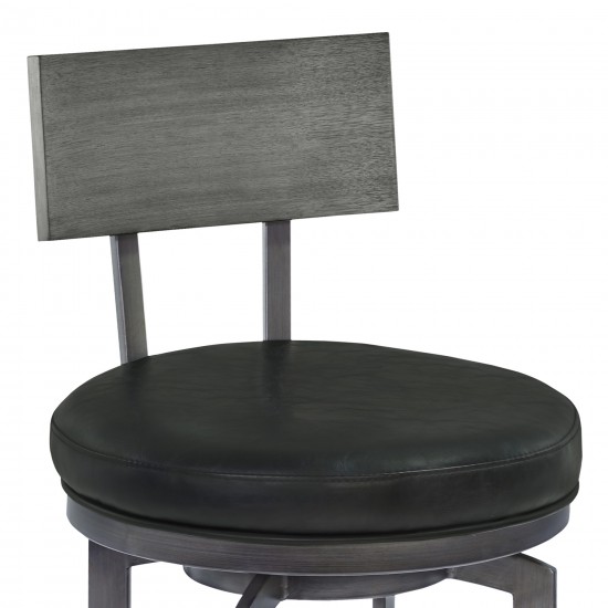 Ojai 30" Bar Height Swivel Barstool in Black Faux Leather and Gray Walnut Wood