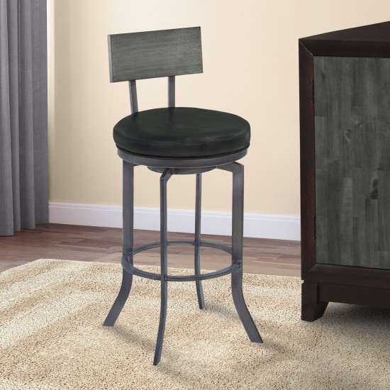 Ojai 30" Bar Height Swivel Barstool in Black Faux Leather and Gray Walnut Wood