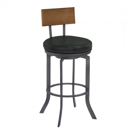 Ojai 26" Counter Height Swivel Barstool in Black Faux Leather and Walnut Wood