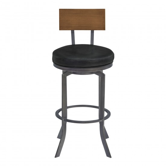 Ojai 26" Counter Height Swivel Barstool in Black Faux Leather and Walnut Wood