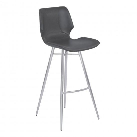 30" Bar Height Metal Barstool in Gray Faux Leather with Brushed Stainless Steel