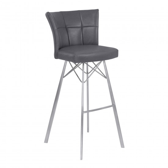 Spago 30" Bar Height Barstool in Gray Faux Leather with Brushed Stainless Steel