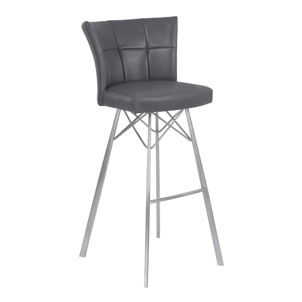 Spago 30" Bar Height Barstool in Gray Faux Leather with Brushed Stainless Steel