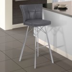 Spago 30" Bar Height Barstool in Gray Faux Leather with Brushed Stainless Steel