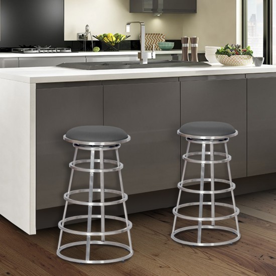 Ringo 30" Backless Brushed Stainless Steel Barstool in Gray Faux Leather