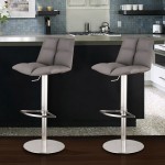 Roma Adjustable Brushed Stainless Steel Barstool in Gray Faux Leather