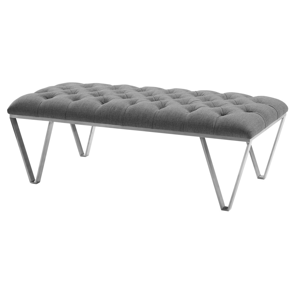 Serene Contemporary Bench in Brushed Stainless Steel with Gray Fabric