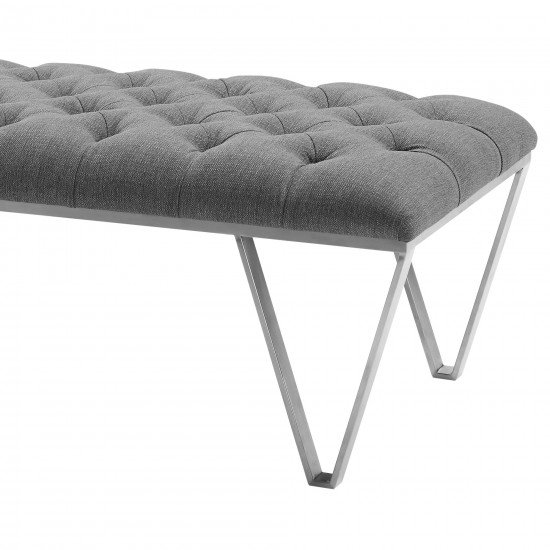 Serene Contemporary Bench in Brushed Stainless Steel with Gray Fabric