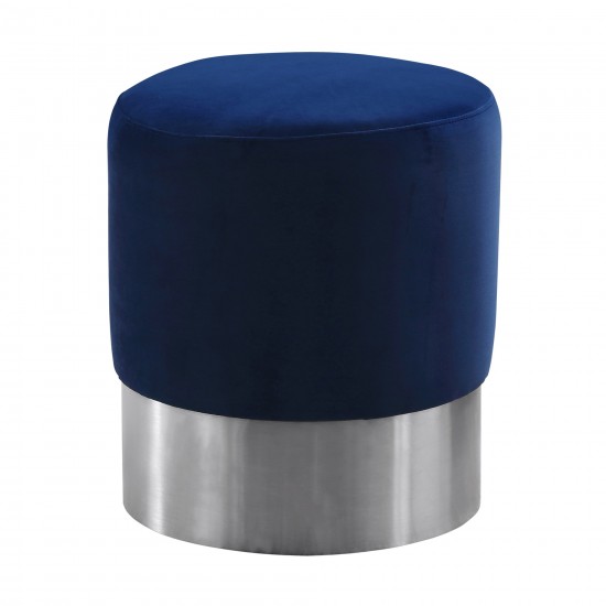 Tabitha Contemporary Round Ottoman in Brushed Stainless Steel with Blue Velvet