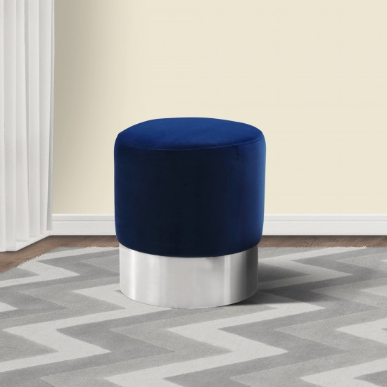 Tabitha Contemporary Round Ottoman in Brushed Stainless Steel with Blue Velvet