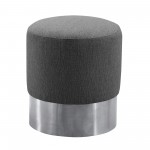 Tabitha Contemporary Round Ottoman in Brushed Stainless Steel with Gray Fabric