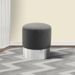 Tabitha Contemporary Round Ottoman in Brushed Stainless Steel with Gray Fabric