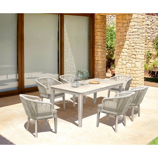 Haiti 7-Piece Patio Dining Set with Arm Chairs in Grey Acacia Wood with Rope