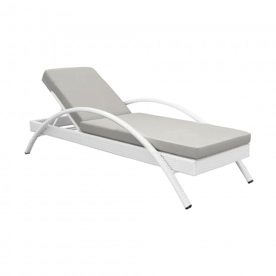 Aloha Adjustable Patio Chaise Lounge Chair in White Wicker and Grey Cushions