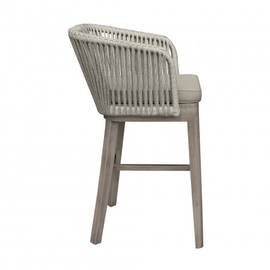 Garnet Outdoor Patio Bar Stool in Grey Acacia Wood and Rope