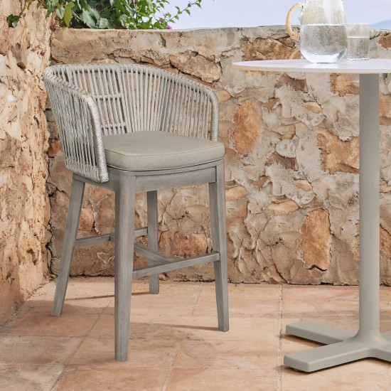 Garnet Outdoor Patio Bar Stool in Grey Acacia Wood and Rope