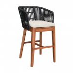 Garnet Outdoor Patio Bar Stool in Natural Acacia Wood and Black Rope