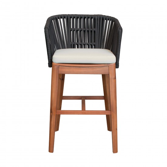 Garnet Outdoor Patio Bar Stool in Natural Acacia Wood and Black Rope