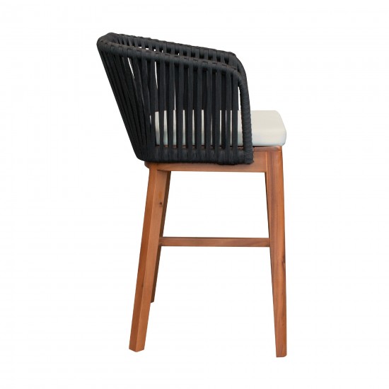 Garnet Outdoor Patio Bar Stool in Natural Acacia Wood and Black Rope