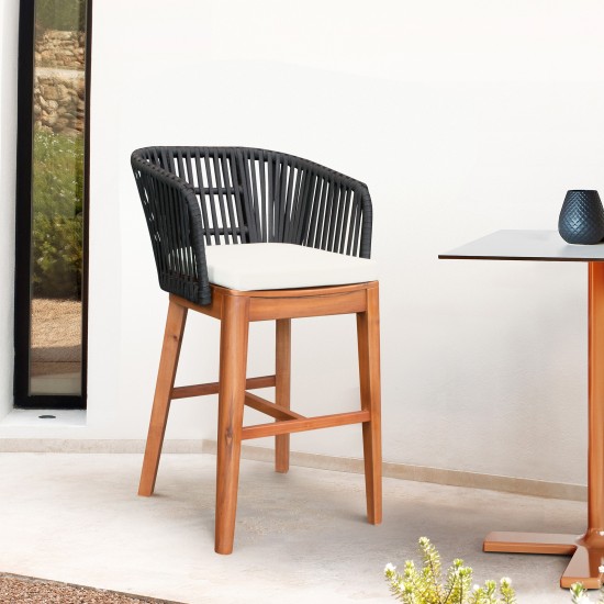 Garnet Outdoor Patio Bar Stool in Natural Acacia Wood and Black Rope