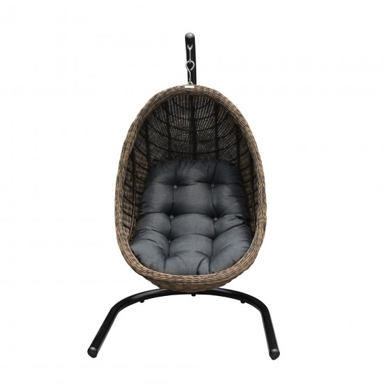 Pisces Indoor Hanging Egg Swing Chair in Espresso Wicker with Black Iron Stand