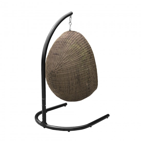 Pisces Indoor Hanging Egg Swing Chair in Espresso Wicker with Black Iron Stand