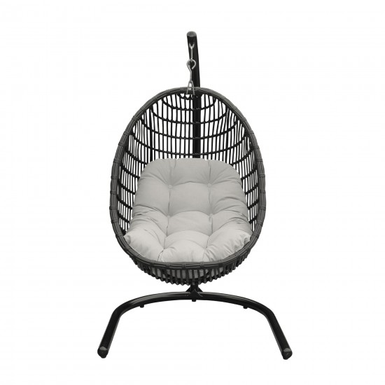 Rio Indoor Outdoor Hanging Egg Swing Chair in Grey Wicker with Black Iron Stand