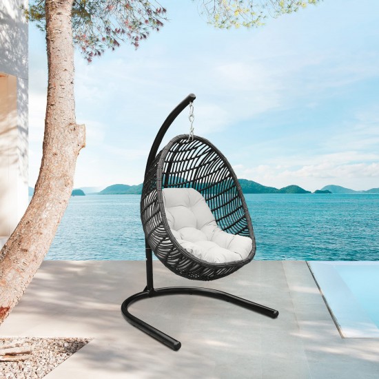 Rio Indoor Outdoor Hanging Egg Swing Chair in Grey Wicker with Black Iron Stand