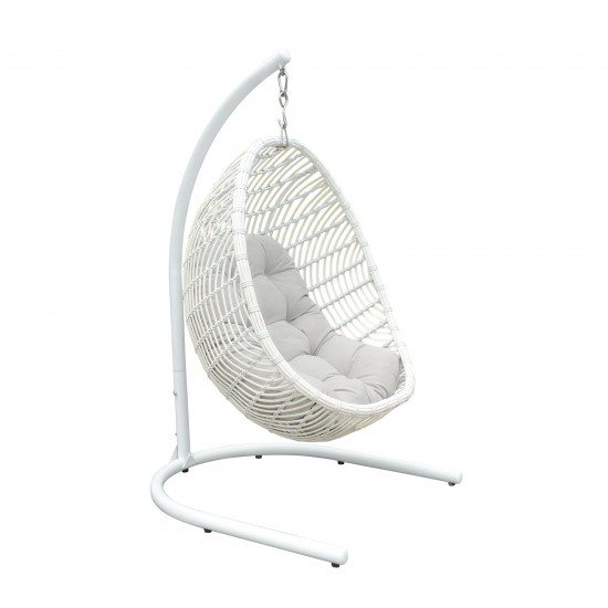 Rio indoor Hanging Egg Swing Chair in White Wicker with White Iron Stand