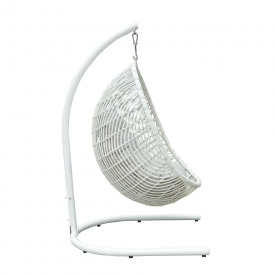 Rio indoor Hanging Egg Swing Chair in White Wicker with White Iron Stand