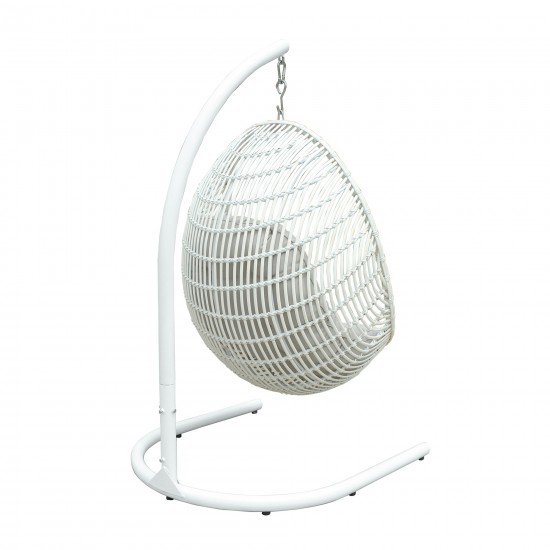 Rio indoor Hanging Egg Swing Chair in White Wicker with White Iron Stand