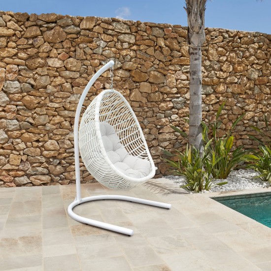 Rio indoor Hanging Egg Swing Chair in White Wicker with White Iron Stand